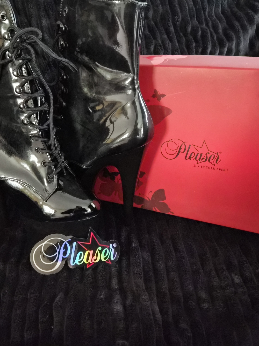 Pleaser Black Patent Lace-Up Platform Stiletto Booties